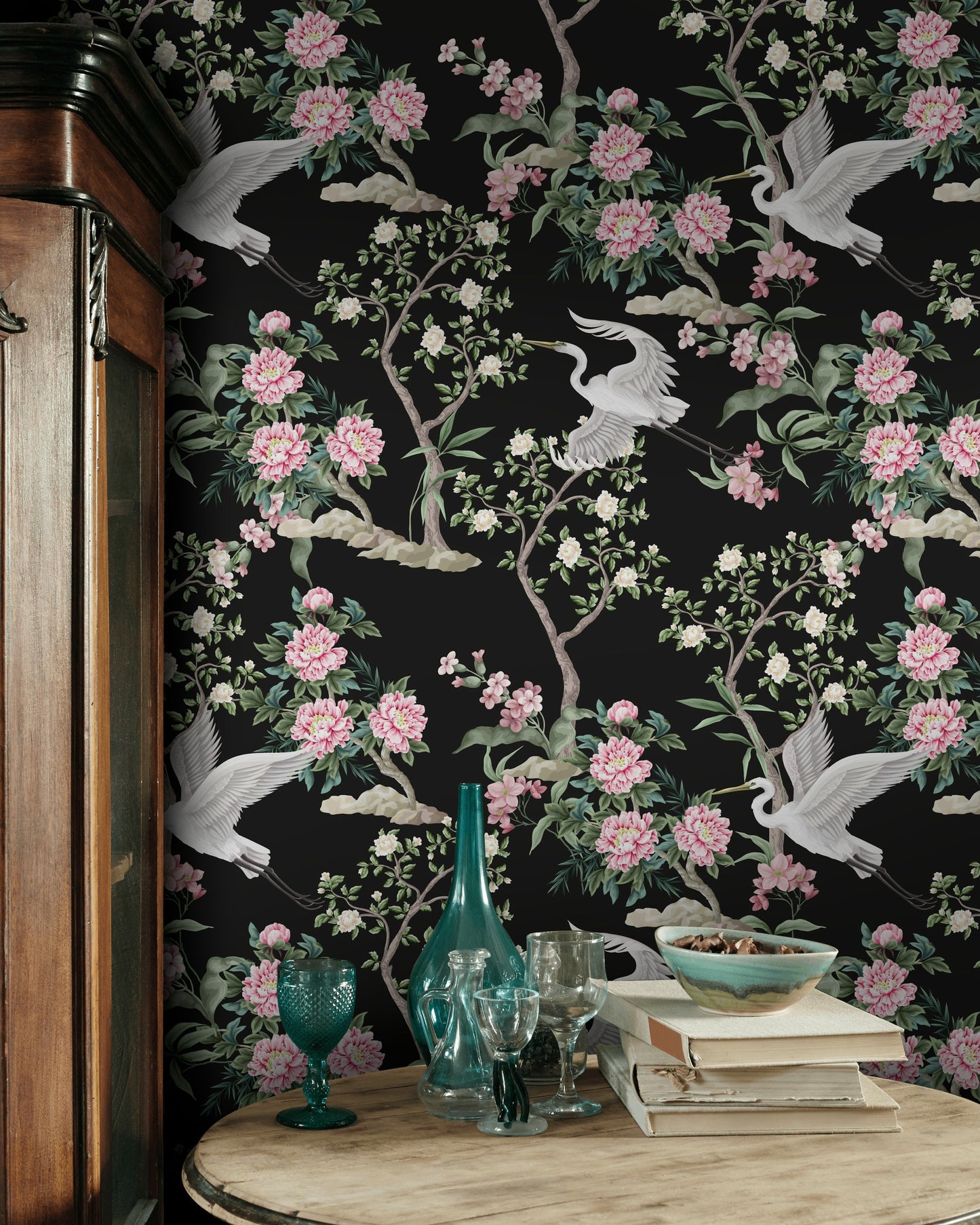 Oriental Crane Wallpaper Black and Pink Floral Wall Mural