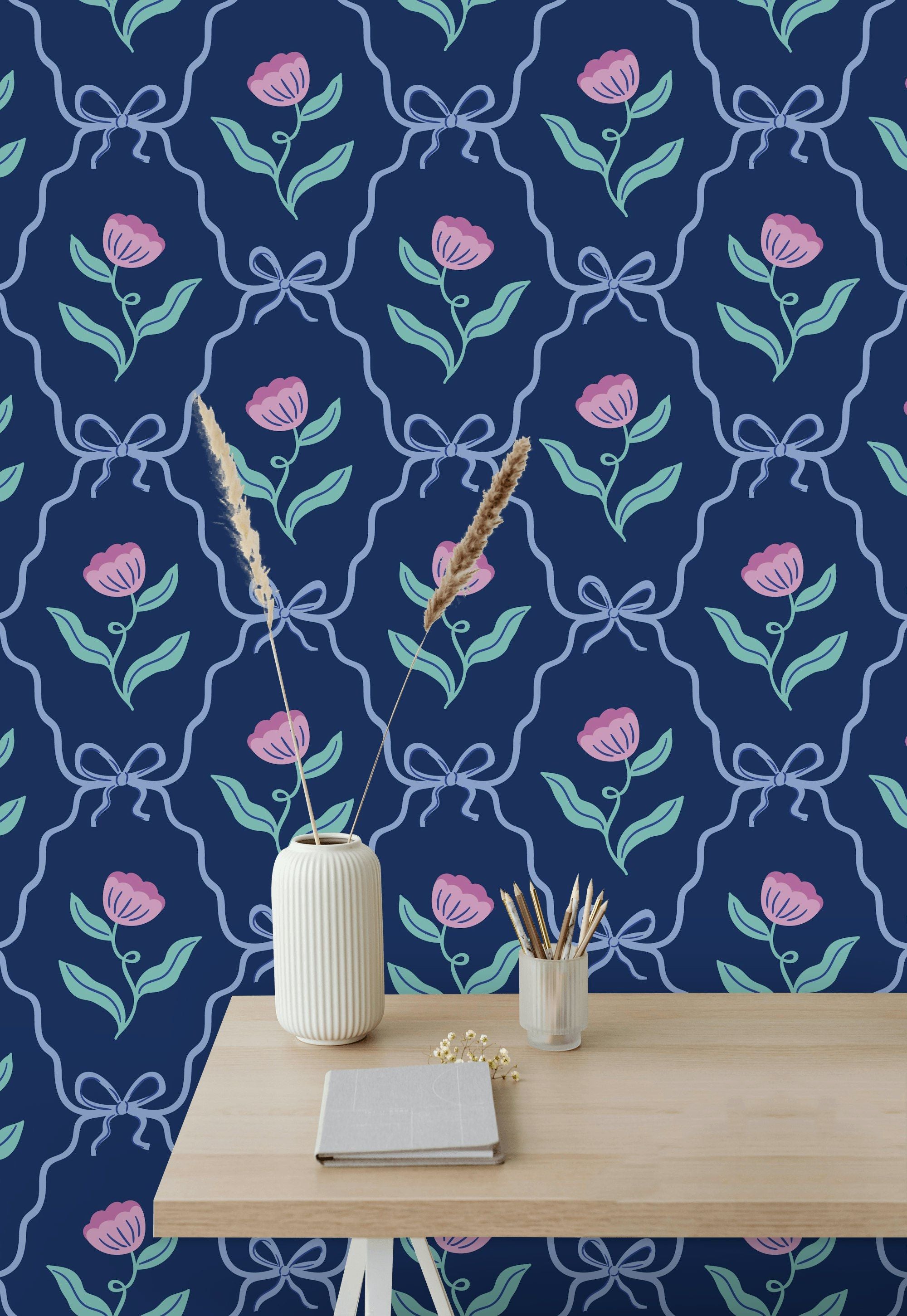 Navy Blue and Pink Rose Pattern Wallpaper