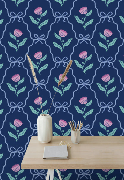 Navy Blue and Pink Rose Pattern Wallpaper