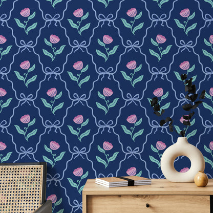 Navy Blue and Pink Rose Pattern Wallpaper