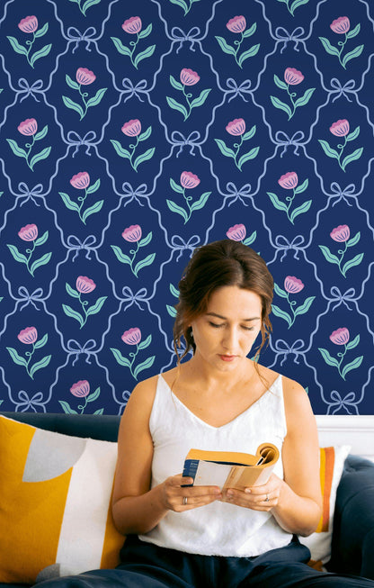 Navy Blue and Pink Rose Pattern Wallpaper