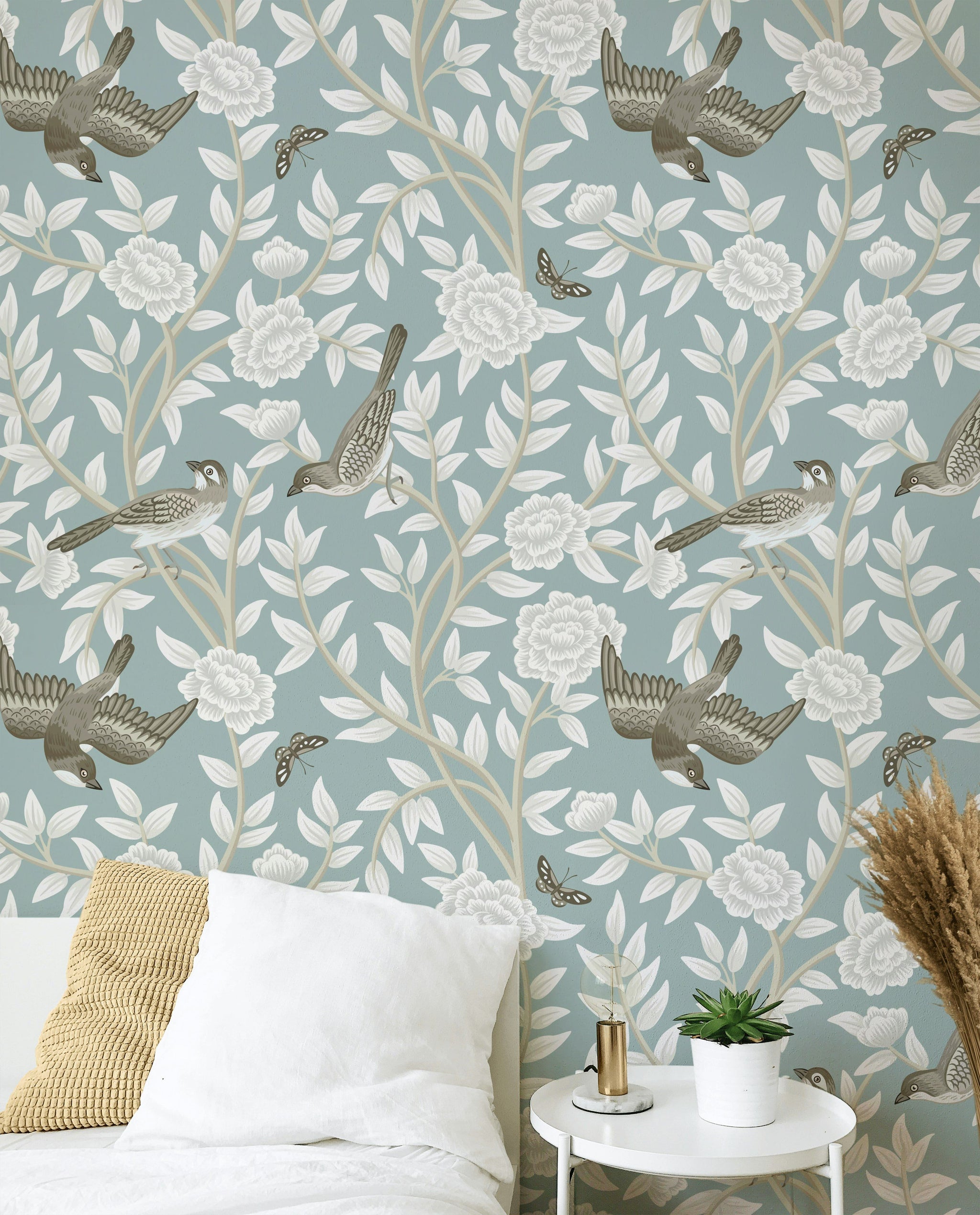 Sage Green Bird and Floral Pattern Wallpaper