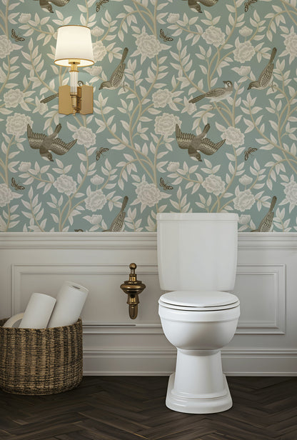 Sage Green Bird and Floral Pattern Wallpaper