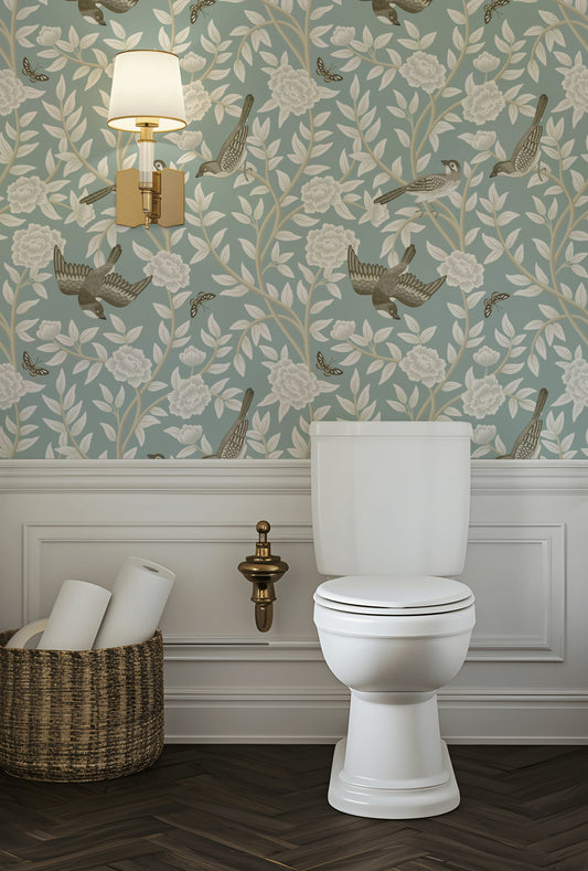 Teal Botanical Bird Wallpaper White Floral and Bird Wall Mural
