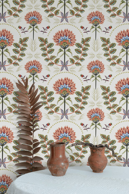White and Multicolor Large Floral Pattern Wallpaper
