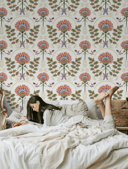 White and Multicolor Large Floral Pattern Wallpaper