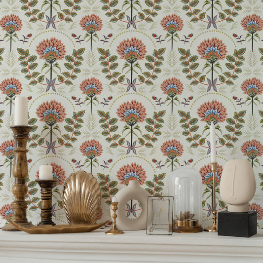White and Multicolor Large Floral Pattern Wallpaper