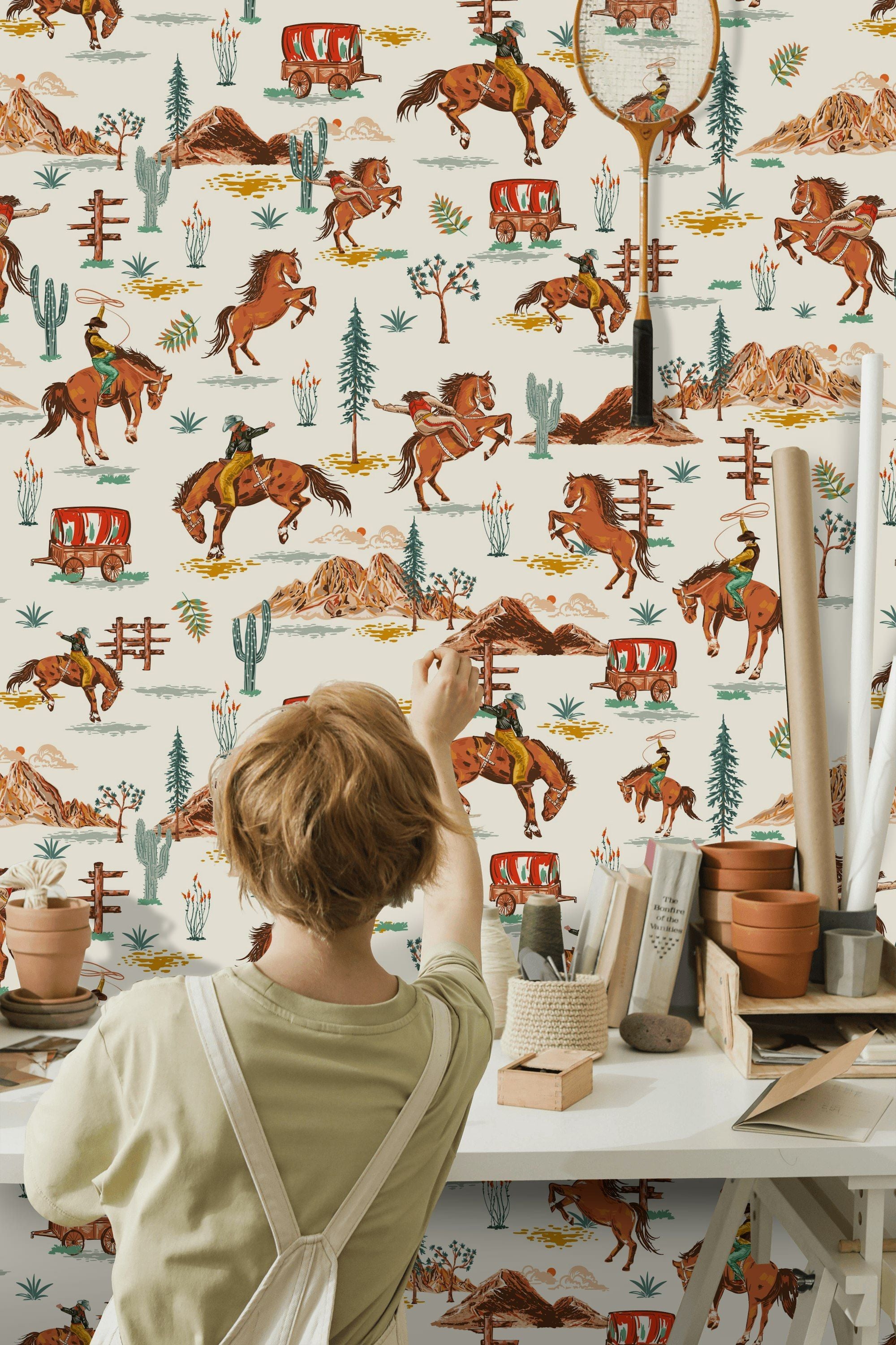 Cream Vintage Western Cowboy Wallpaper