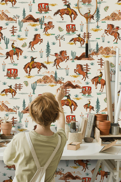 Cream Vintage Western Cowboy Wallpaper