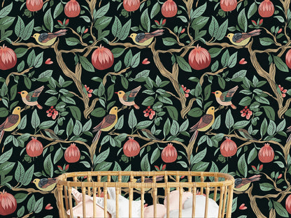 Dark Botanical Birds and Foliage Wallpaper