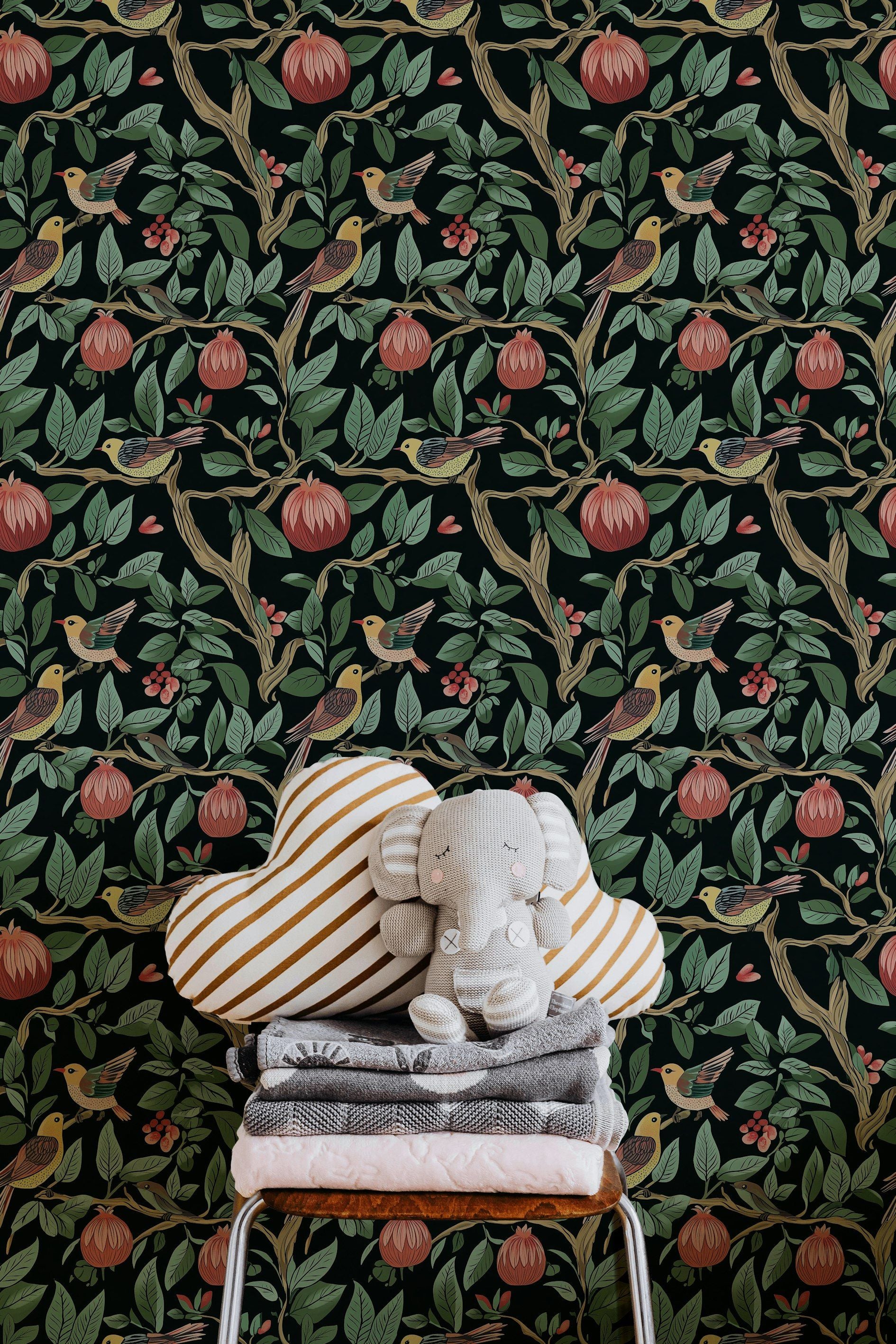Dark Botanical Birds and Foliage Wallpaper