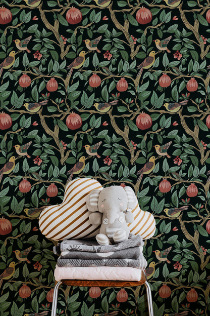 Dark Botanical Birds and Foliage Wallpaper