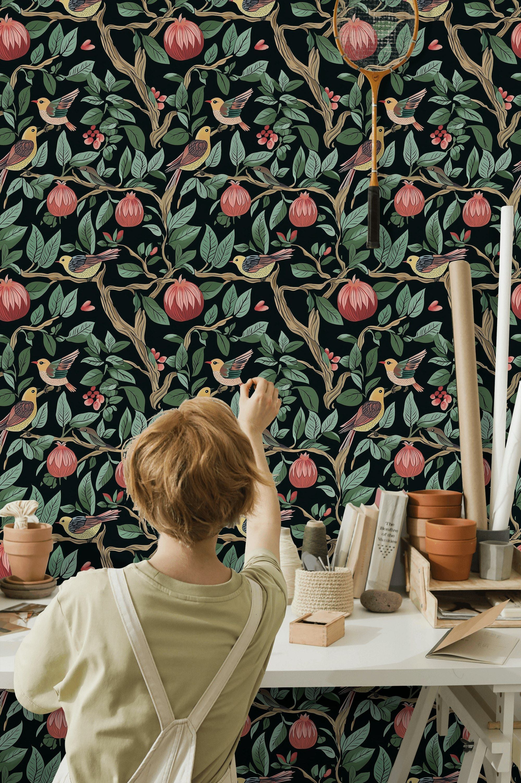 Dark Botanical Birds and Foliage Wallpaper