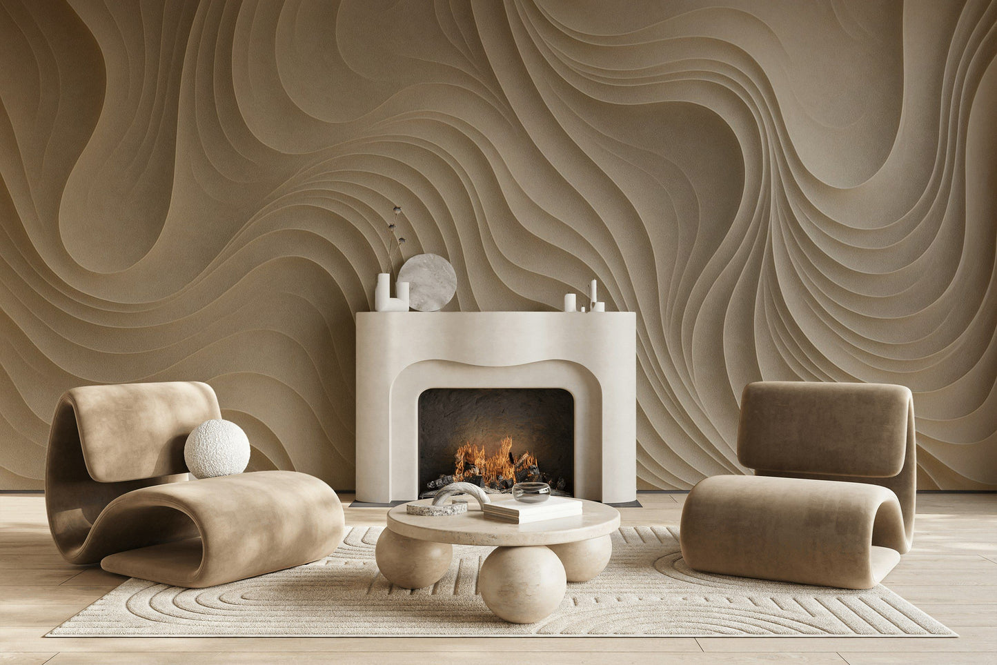 Beige Abstract Wallpaper 3D Wavy Minimalist Wall Mural