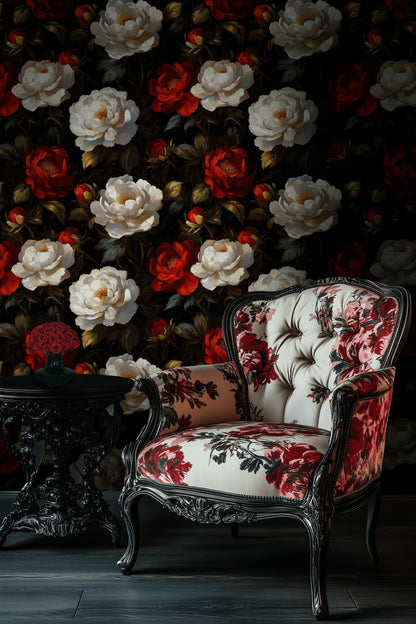 Deep Black and Red Rose Floral Wallpaper