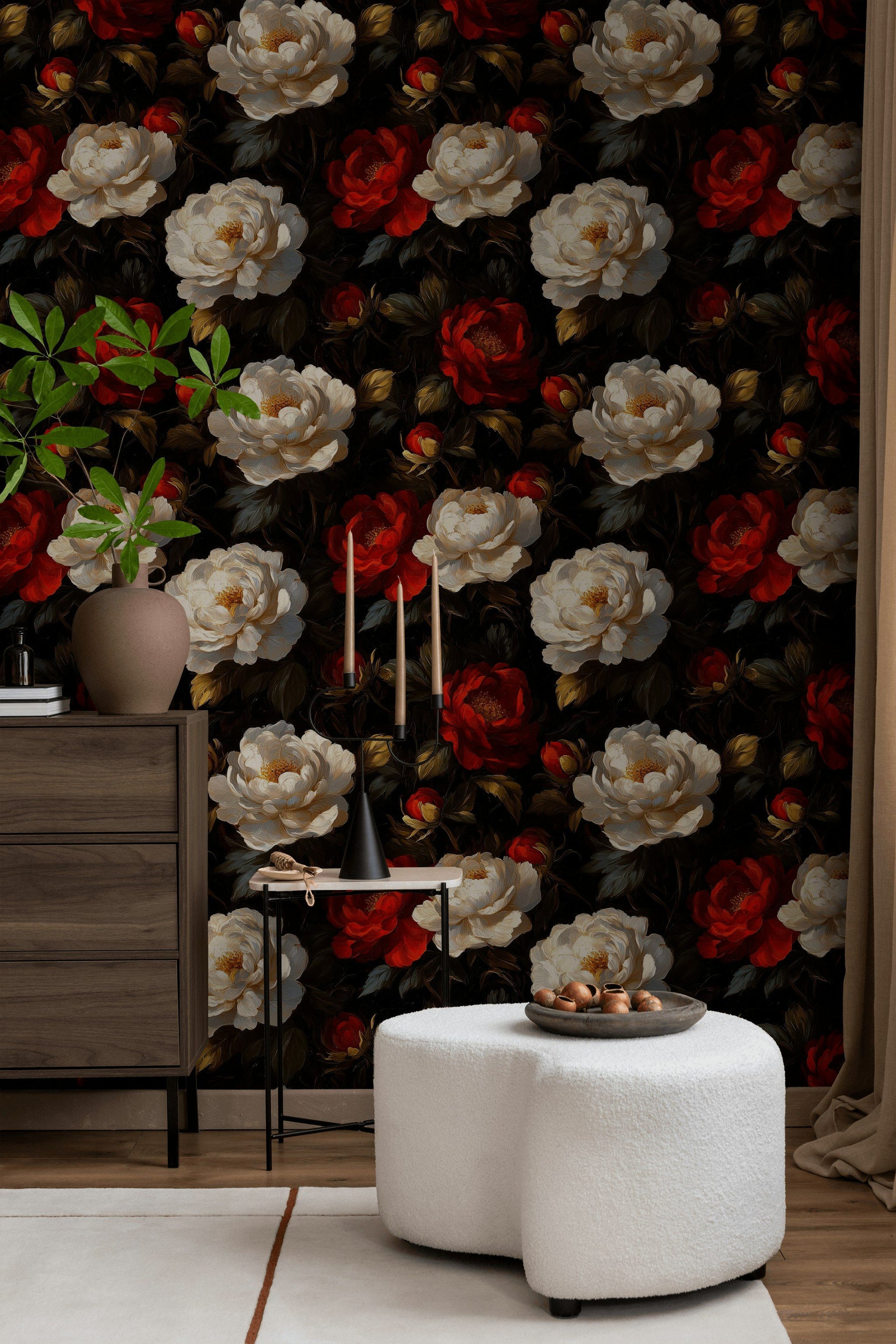 Deep Black and Red Rose Floral Wallpaper