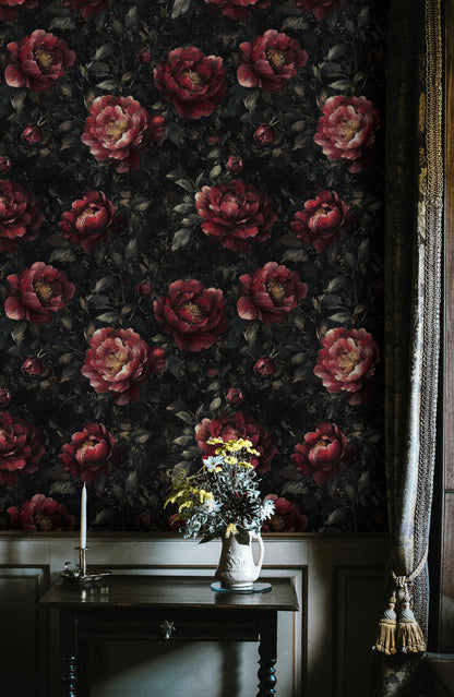 Gothic Crimson Rose Floral Wallpaper