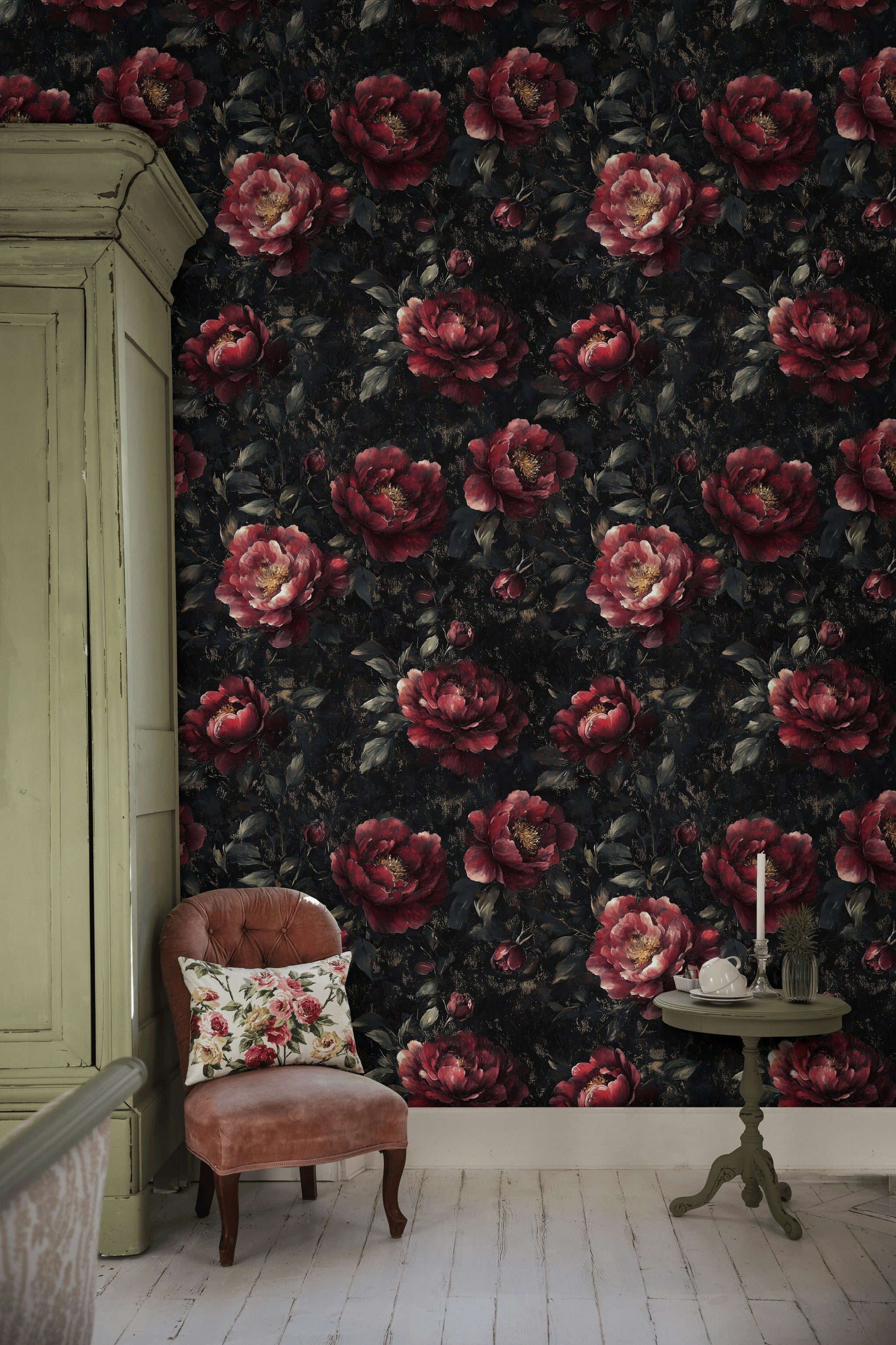 Gothic Crimson Rose Floral Wallpaper