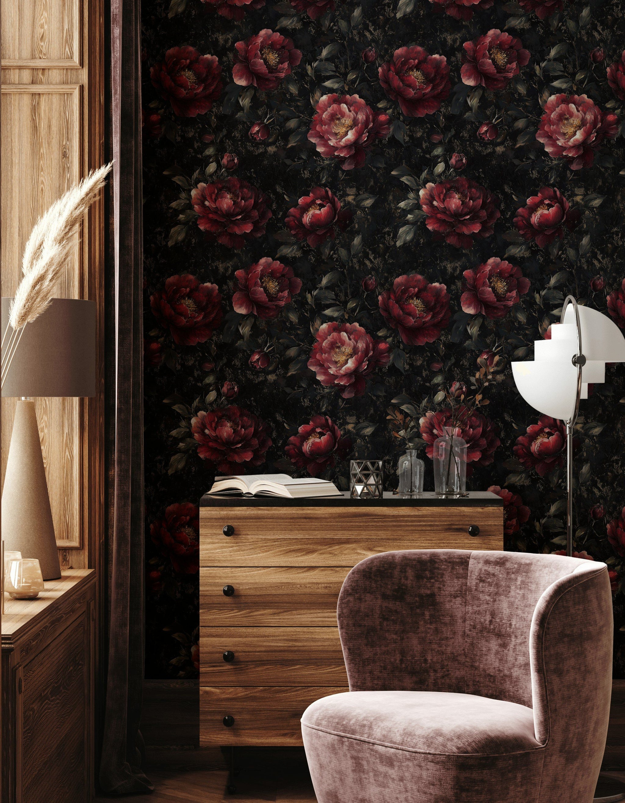 Gothic Crimson Rose Floral Wallpaper
