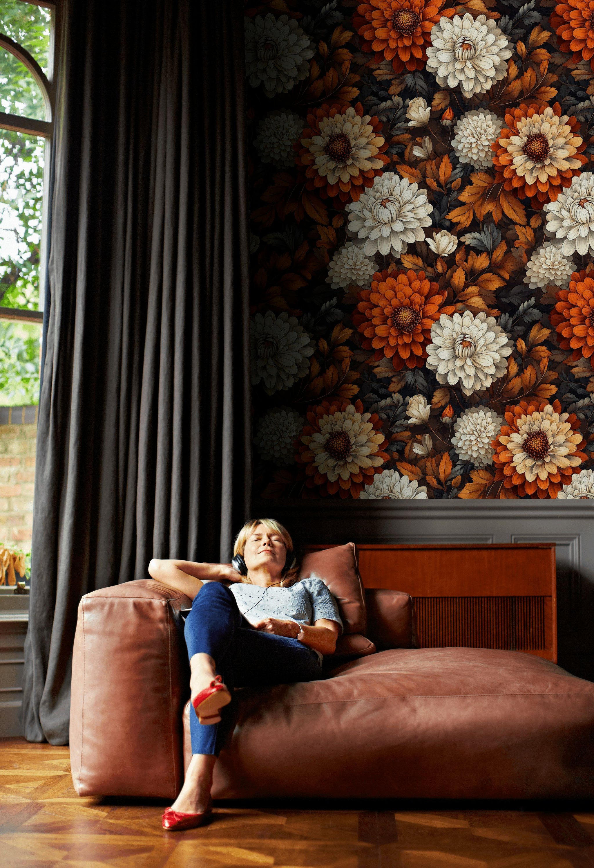 Dark Black and Orange Large Floral Wallpaper