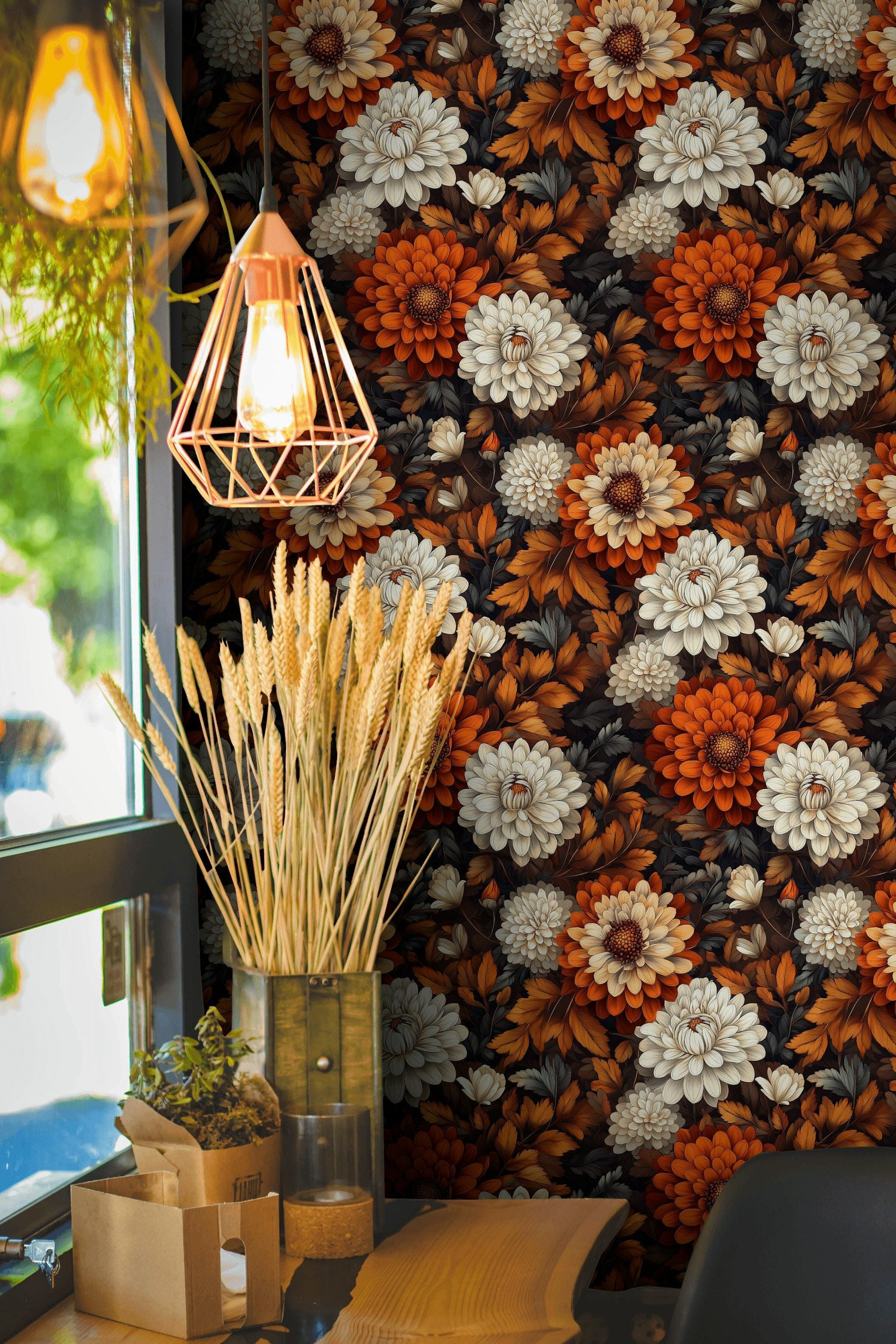 Dark Black and Orange Large Floral Wallpaper