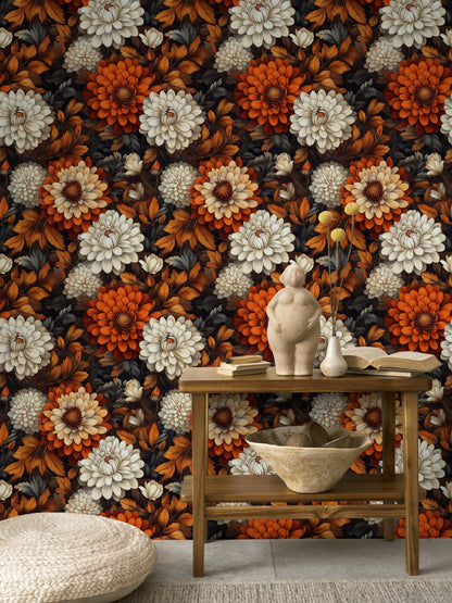 Dark Black and Orange Large Floral Wallpaper