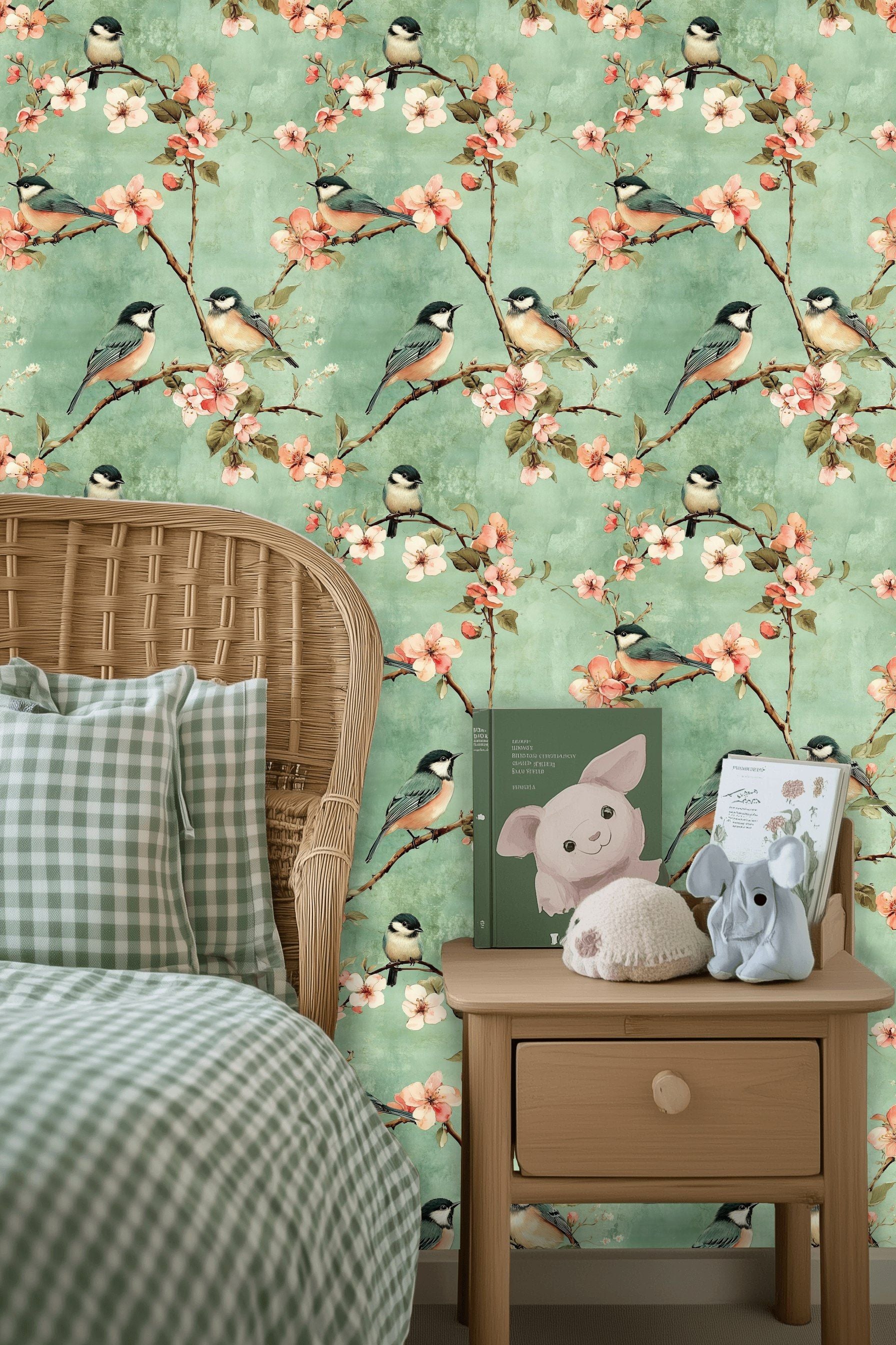 Mint Green Cherry Blossom and Bird Wallpaper