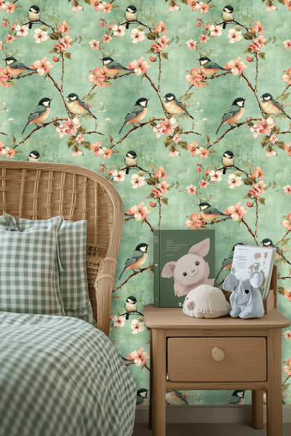 Mint Green Cherry Blossom and Bird Wallpaper