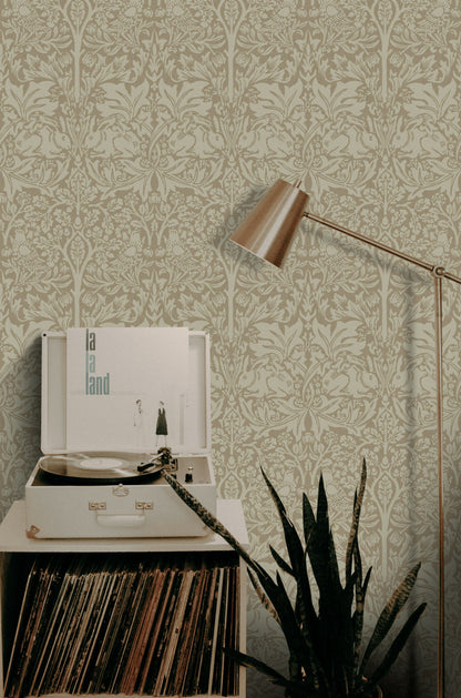 Victorian Damask Wallpaper Beige Botanical Pattern Wall Mural