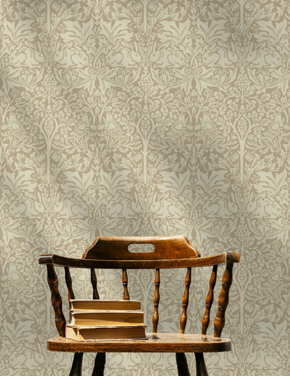 Victorian Damask Wallpaper Beige Botanical Pattern Wall Mural