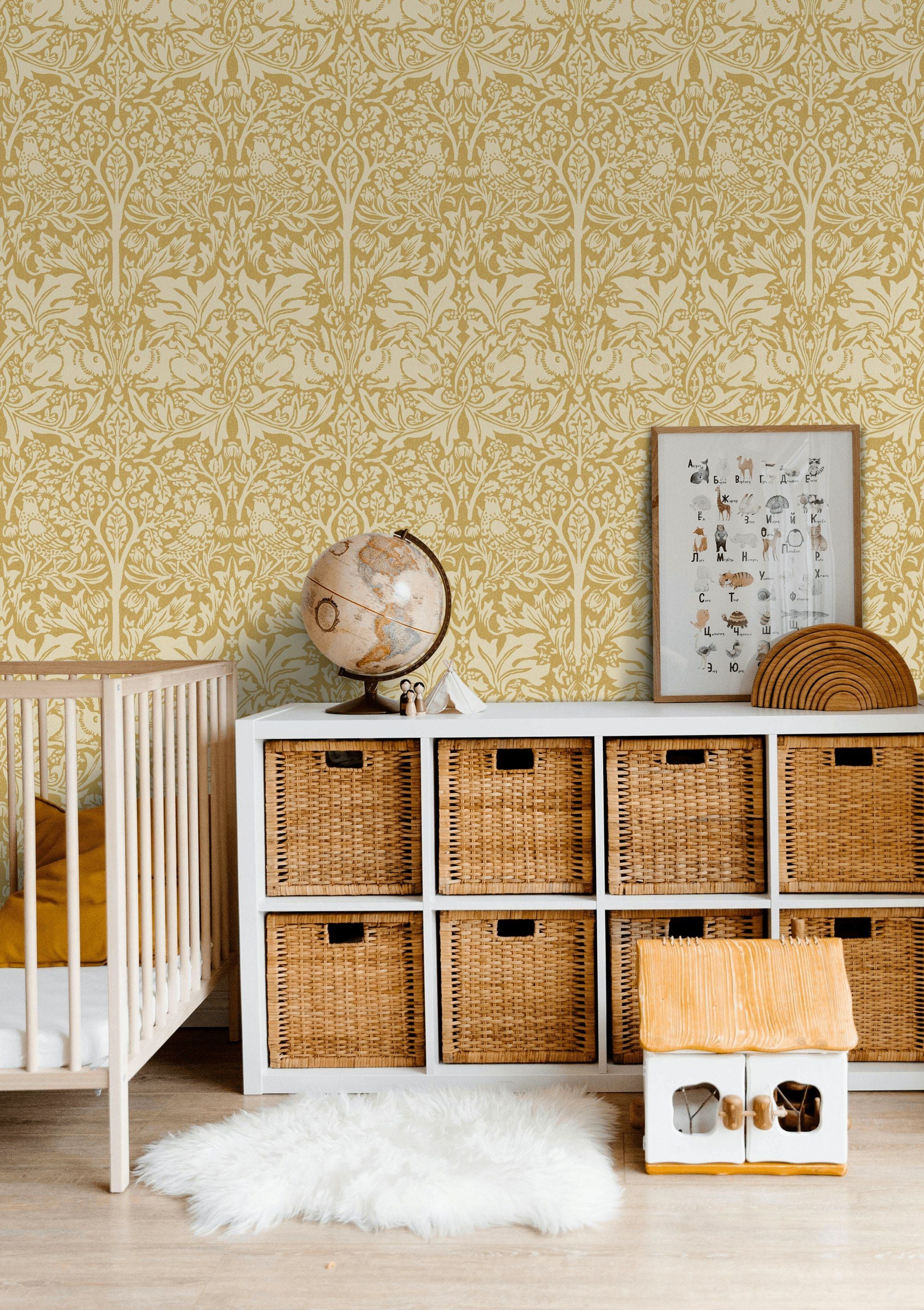Vintage Damask Wallpaper Mustard Floral Pattern Wall Mural