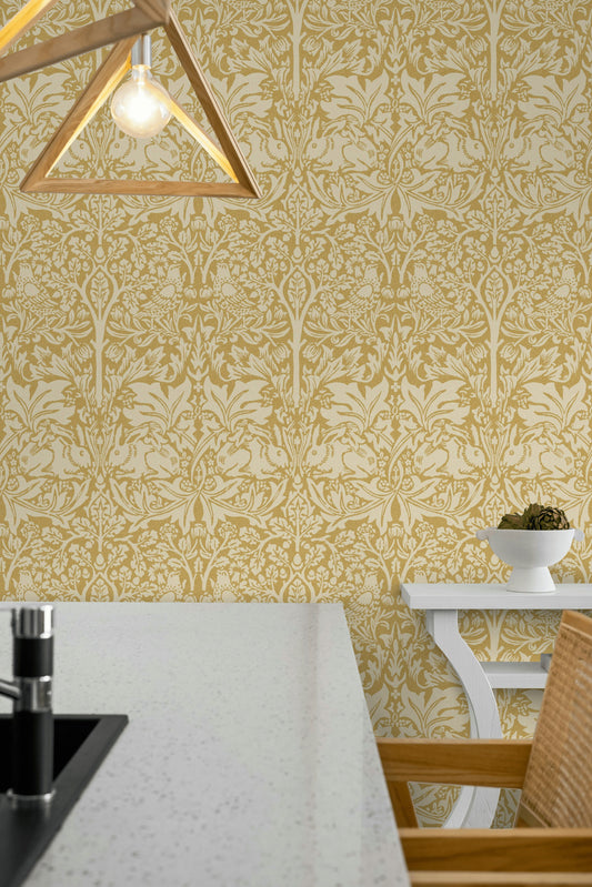 Vintage Damask Wallpaper Mustard Floral Pattern Wall Mural