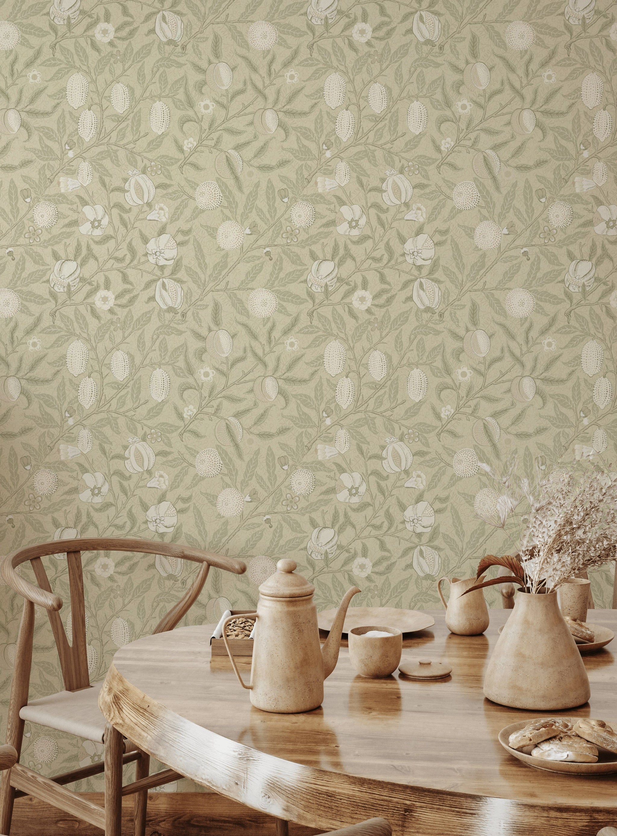 Vintage Botanical Wallpaper Sage Fruit Pattern Wall Mural