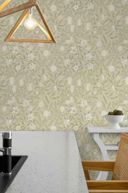 Vintage Botanical Wallpaper Sage Fruit Pattern Wall Mural