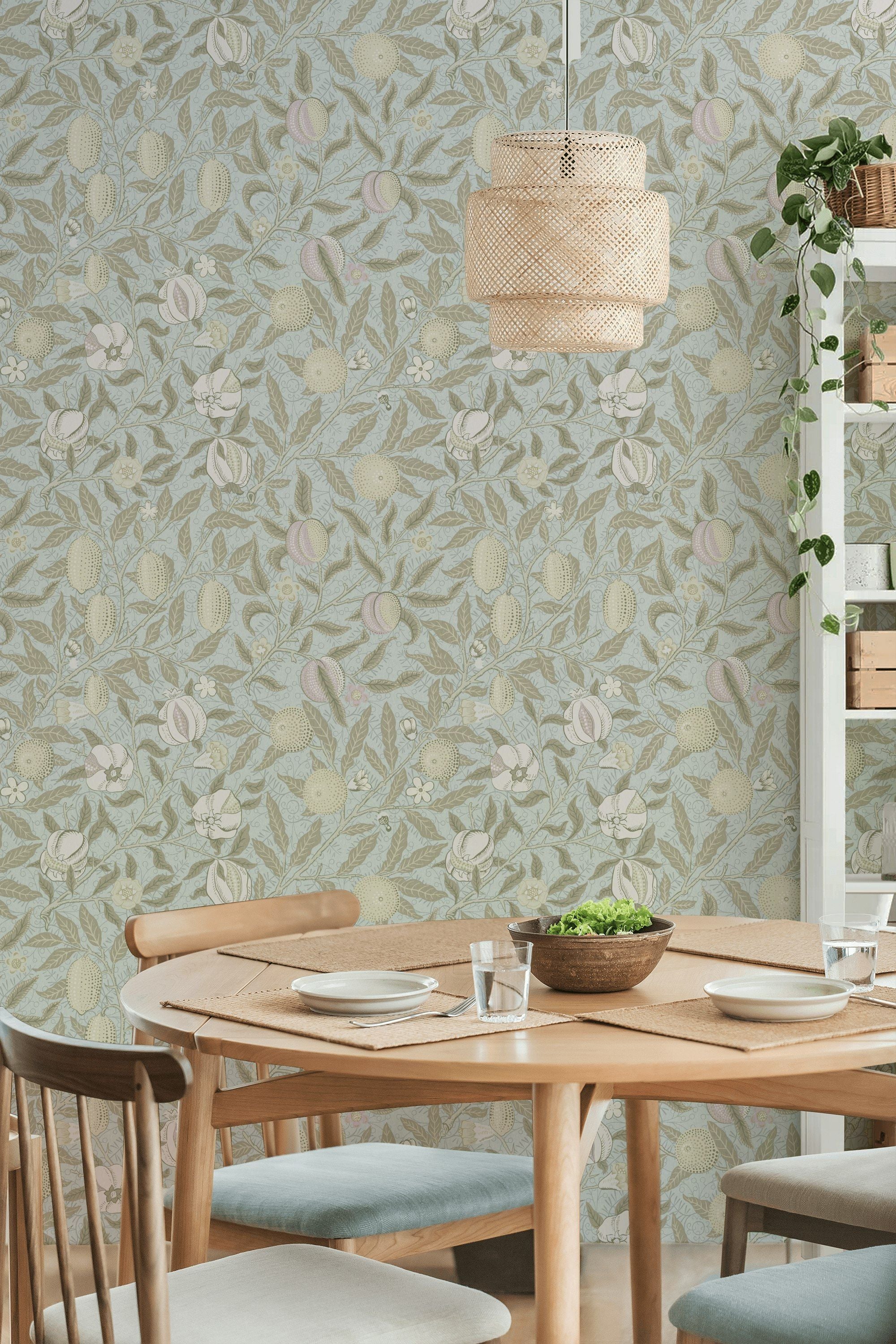 Botanical Fruit Wallpaper Soft Blue Vintage Garden Wall Mural