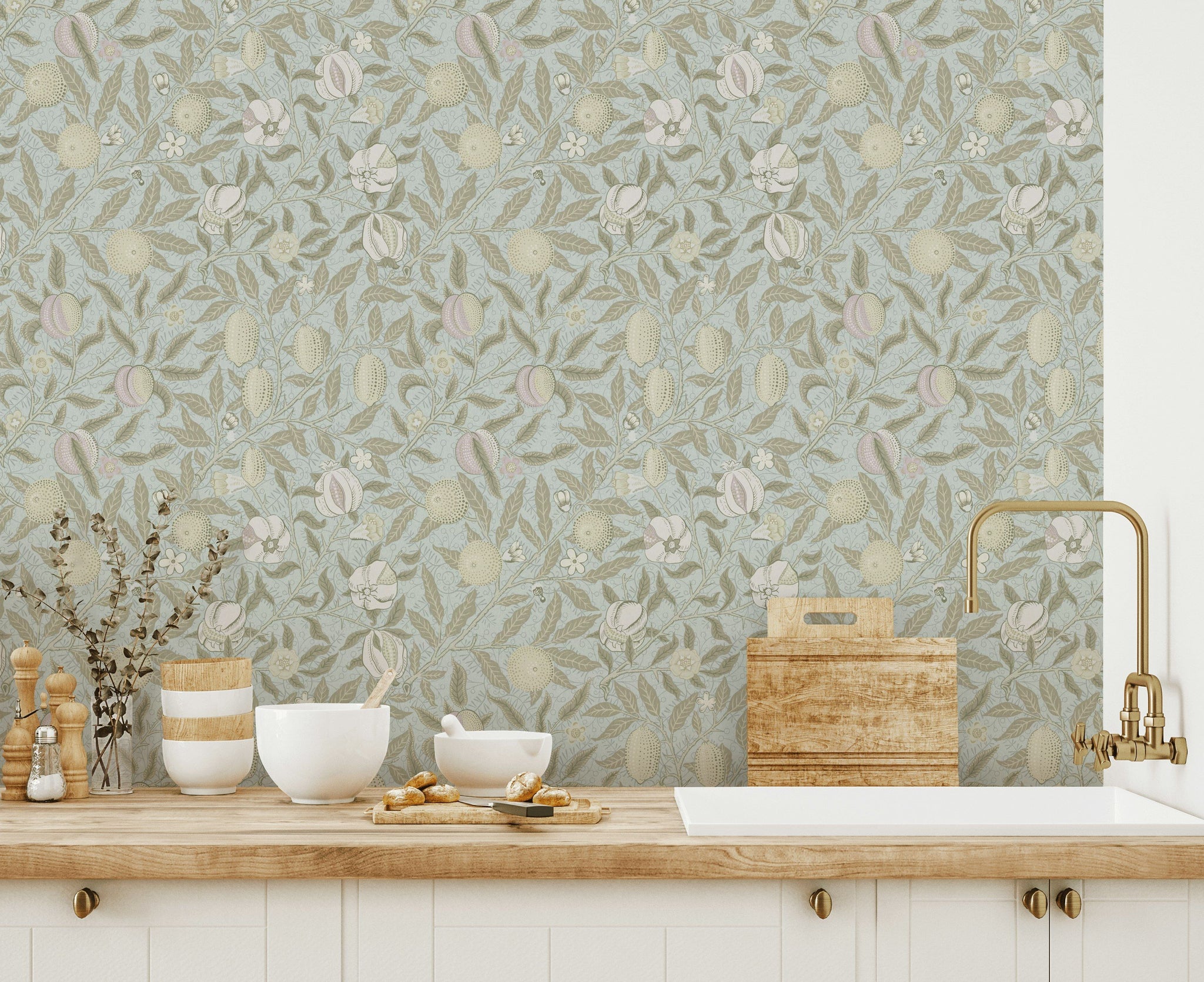Botanical Fruit Wallpaper Soft Blue Vintage Garden Wall Mural