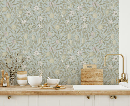 Botanical Fruit Wallpaper Soft Blue Vintage Garden Wall Mural
