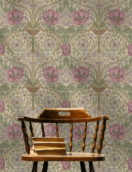 Vintage Floral Wallpaper Pink Poppies Botanical Pattern Wall Mural