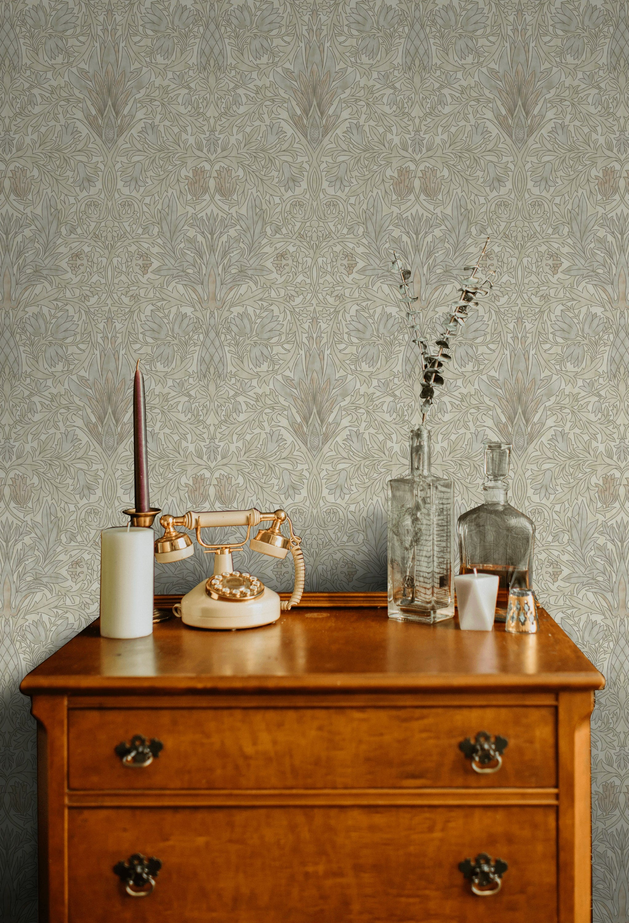Vintage Damask Wallpaper Sage Gray Botanical Pattern Wall Mural