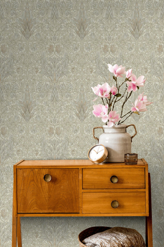 Vintage Damask Wallpaper Sage Gray Botanical Pattern Wall Mural