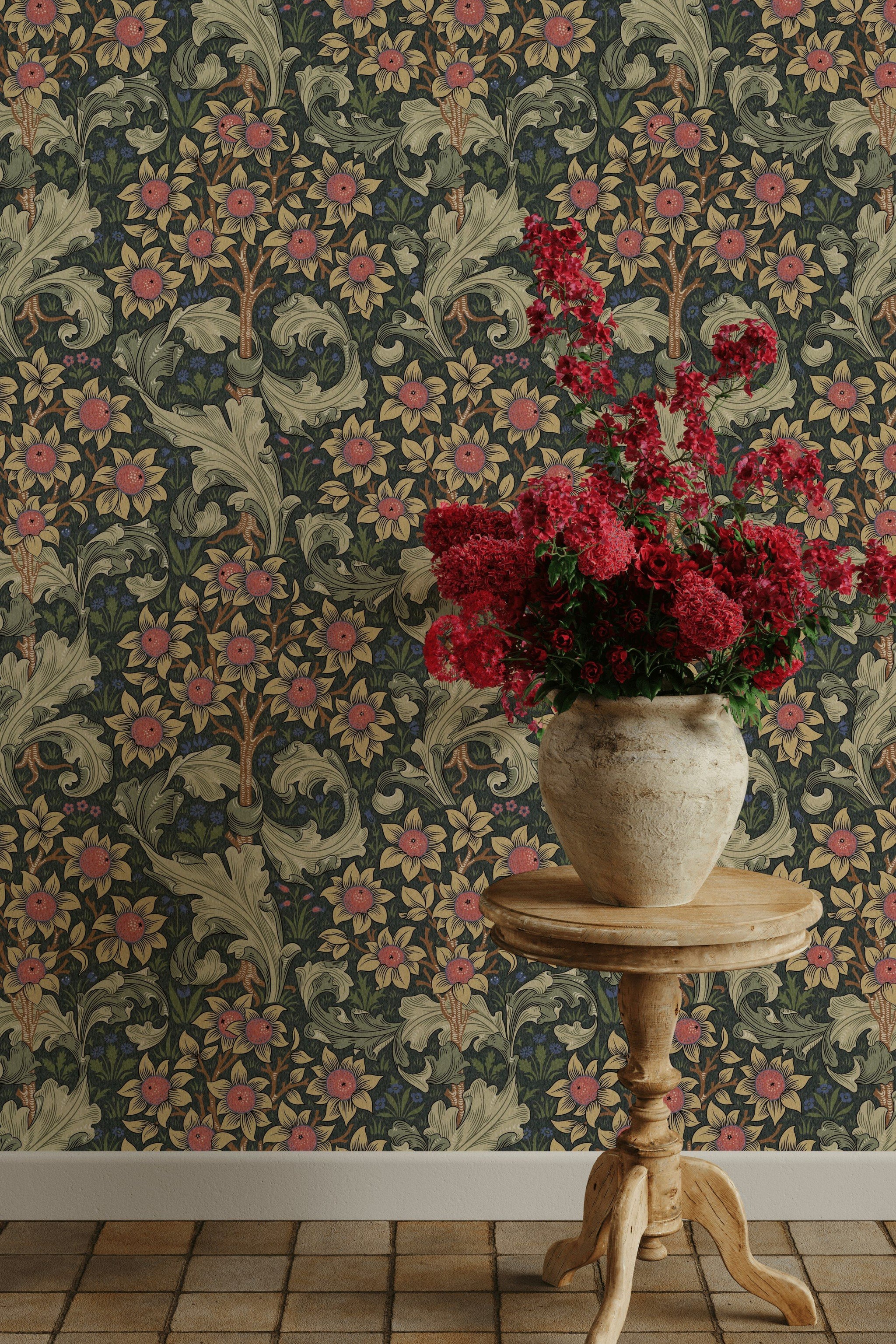 Vintage Floral Wallpaper Dark Green Botanical Pattern Wall Mural