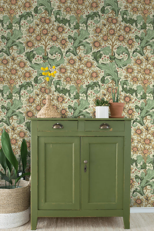 Vintage Floral Wallpaper Green Acanthus Leaves Wall Mural