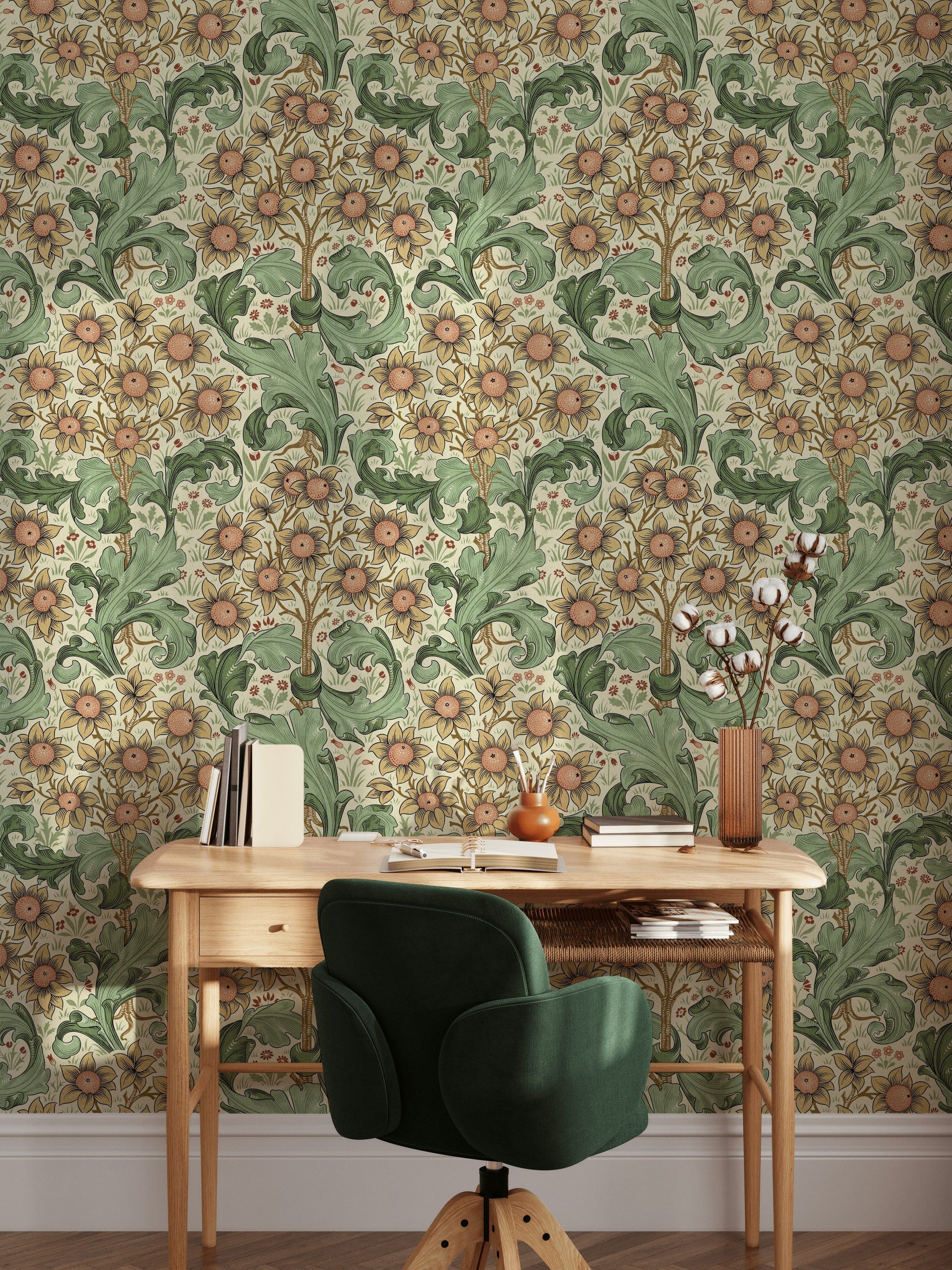 Vintage Floral Wallpaper Green Acanthus Leaves Wall Mural