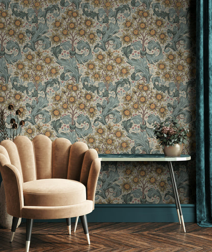Vintage Floral Wallpaper Blue Acanthus Leaves Pattern Wall Mural