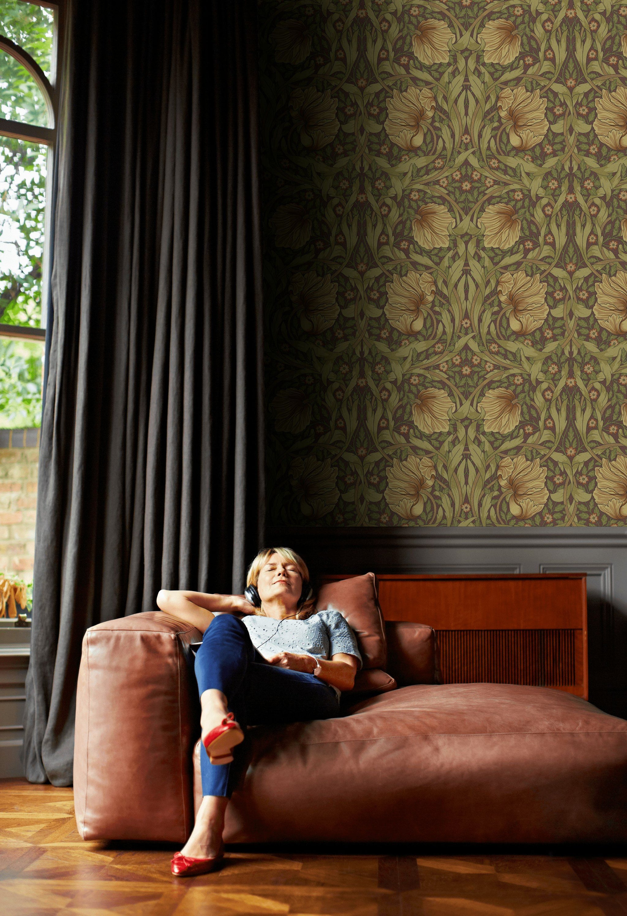 Vintage Floral Wallpaper Olive Green Art Nouveau Wall Mural