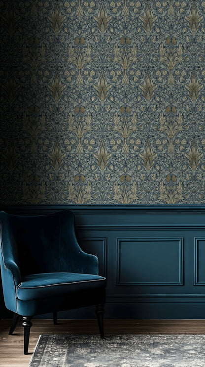 Vintage Damask Wallpaper Blue Botanical Pattern Wall Mural