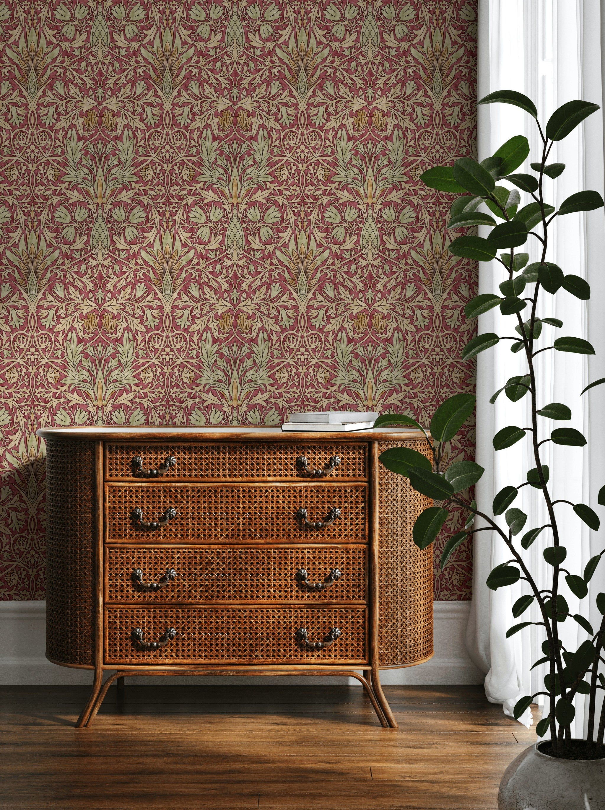 Damask Floral Wallpaper Burgundy Vine Pattern Wall Mural