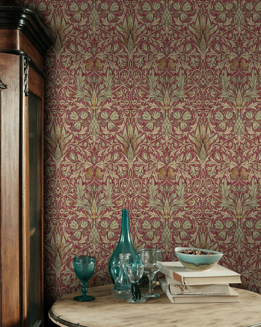 Damask Floral Wallpaper Burgundy Vine Pattern Wall Mural