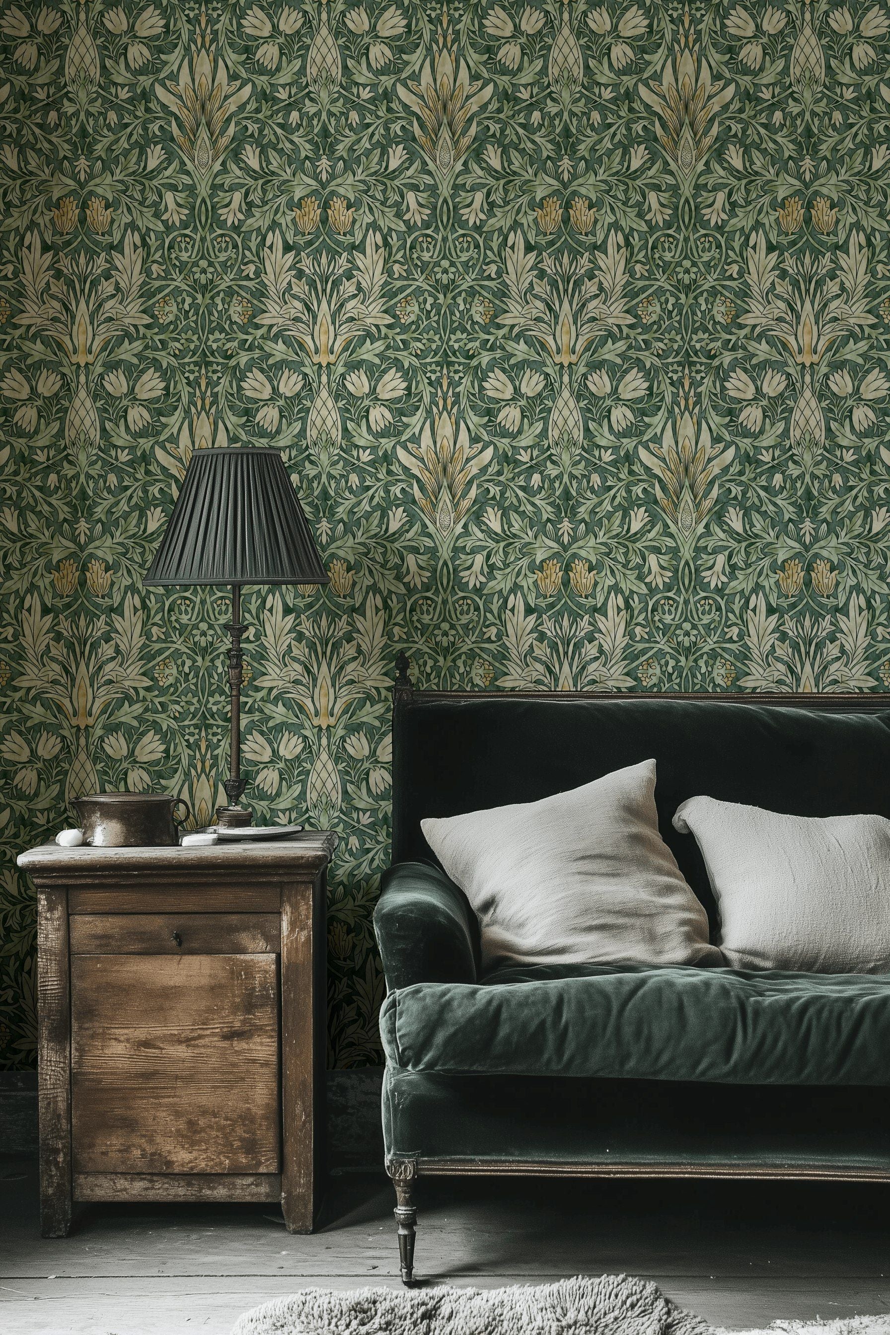 Vintage Floral Wallpaper Green Botanical Pattern Wall Mural