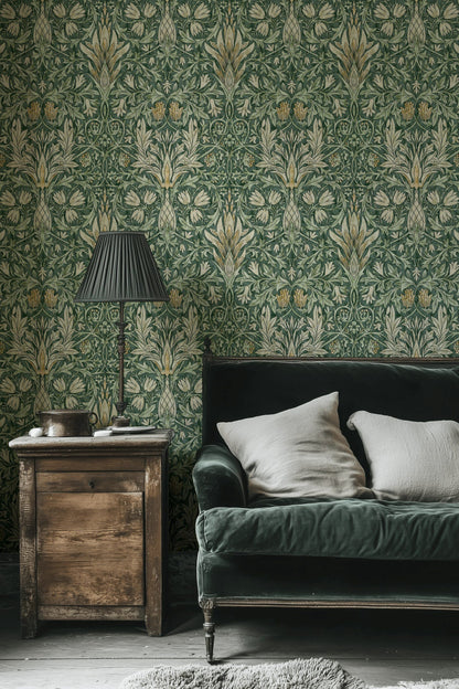 Vintage Floral Wallpaper Green Botanical Pattern Wall Mural